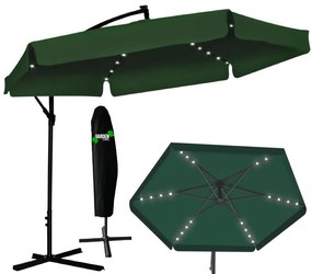Záhradný slnečník 3 × 3 m so solárnym LED osvetlením – zelený