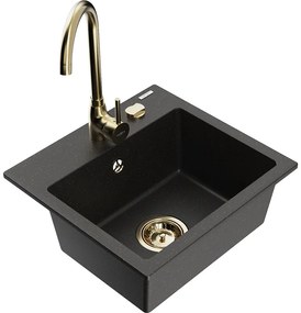 Mexen Milo, 1-komorový granitový drez 43,5x41 cm a kuchynská batéria Telma, čierna-zlatá, 6505-75-670200-50
