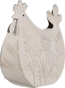 Biela antik kovová dekorácia sliepočka s lúčnymi kvetmi - 15*6*14 cm