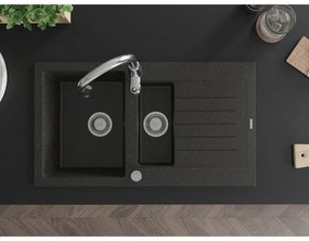 Mexen Matias, 1,5-komorový granitový drez 900x505x200 mm a drezová batéria Savita, čierna-zlatá metalíza, 6502-75-672601-00