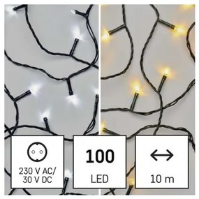 LED vianočná reťaz 2v1, 10 m, vonkajšia aj vnútorná, teplá/studená biela, programy