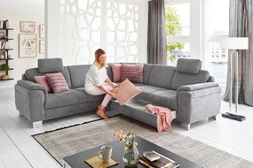 Rohová sedacia súprava s kreslom Omaha, šedá látka, s funkciami