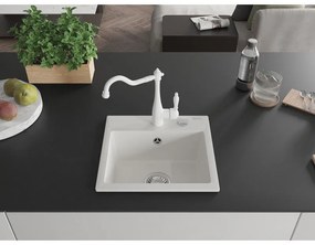 Mexen Milo, granitový drez 435x410x171 mm, 1-komorový a drezová batéria Carla, biela, 6505-20-670700-20