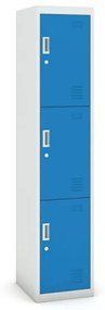 Šatníková skrinka s úložnými boxami, trojdverová, cylindrický zámok, 1800 x 380 x 450 mm, sivá/modrá