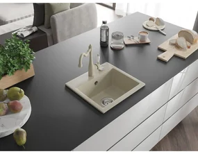 Mexen Milo, granitový drez 435x410x171 mm, 1-komorový a drezová batéria Carla, béžová, 6505-69-670700-69