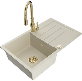 Mexen Bruno, 1-komorový granitový drez 795x495x200 mm a drezová batéria Savita, béžová, 6513-69-672601-50