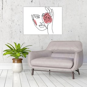 Sklenený obraz - Line art tvár s ružou (70x50 cm)