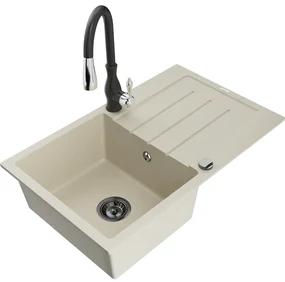 Mexen Bruno, 1-komorový granitový drez 795x495x200 mm a drezová batéria Savita, béžová, 6513-69-672601-70