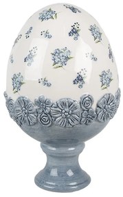 Biele keramické vajíčko s modrými kvetmi na podstavci - Ø 12*19 cm