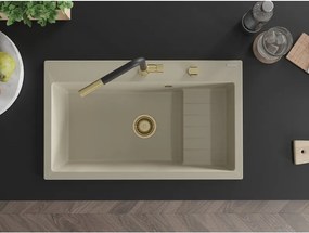 Mexen Omar, 1-komorový granitový drez 800x480x210 mm, béžový, zlatý sifón, 6520801005-69-G