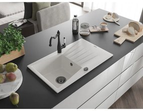 Mexen Cesar, 1-komorový granitový drez 775x470x190 mm a drezová batéria Carla, biela, 6514-20-670700-70