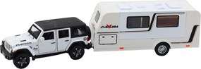 LEAN Toys Súprava: terénne auto, karavan, kovové, pohon, svetlá, zvuky, biela, 1:32