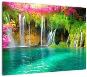Sklenený obraz - Vodopád, Plitvické jazerá, Chorvátsko (70x50 cm)