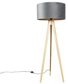 Stojaca lampa drevená s sivým textilným tienidlom 50 cm - Tripod Classic