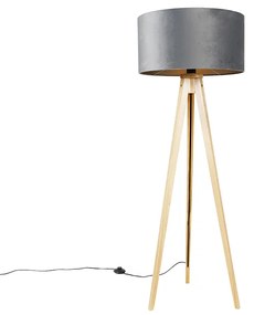 Stojacia lampa drevená s látkovým tienidlom sivá 50 cm - Tripod Classi