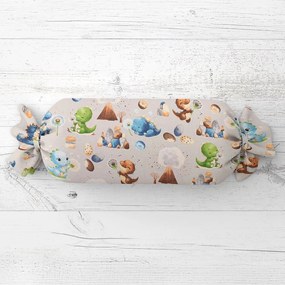 Biante Detský vankúš valec bonbon Sandra SA-656 Modro-zeleno-hnedé dinosaury na svetlo sivom 15x40 cm