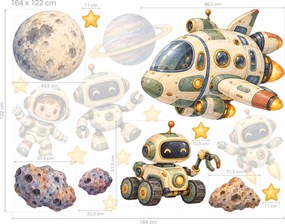 Veselí roboti a malý kozmonaut pastelové vesmírne nálepky na stenu do detskej izby arch 46 x 34 cm