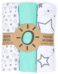 Mušelínové plienky 3ks + žínka zadarmo, biela/sivá/mätová - hviezdičky