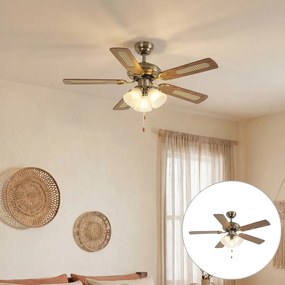 Mosadzný stropný ventilátor s potlačou dreva a ratanom 105 cm s ťahovým spínačom - Mistral Lia