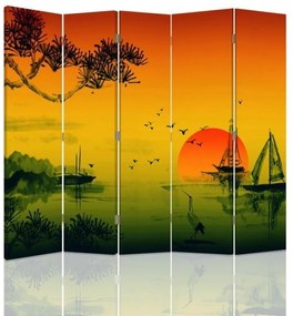 Ozdobný paraván Západ slunce v Japonsku - 180x170 cm, päťdielny, klasický paraván