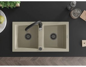 Mexen Mario, 2-komorový granitový drez 820x436x161 mm a drezová batéria Savita, béžová, 6504-69-672601-70