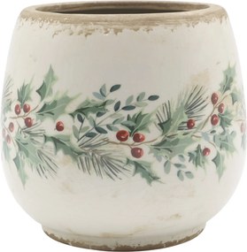 Béžový keramický kvetináč s cezmínou Holly Christmas Antique - Ø 17,5 * 16,5 cm