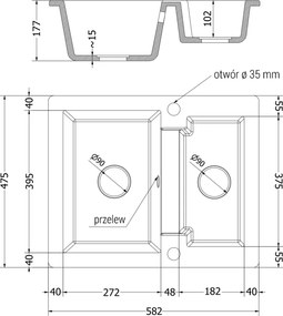 Mexen Carlos, granitový drez 582x475x177 mm, 1,5-komorový, čierna-strieborná metalíza s čiernym sifónom, 6518581500-73-B