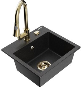 Mexen Milo, 1-komorový granitový drez 435x410x171 mm a drezová batéria Elia, čierna-strieborná metalíza, 6505-73-670101-50