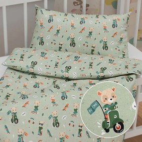 Biante Detské bavlnené posteľné obliečky do postieľky Sandra SA-468 Medvedíkovia na motorkách na zelenom Do postieľky 90x130 a 40x60 cm