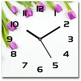 Sklenené hodiny štvorec Fialové tulipány pl_zsk_30x30_c-f_78573099