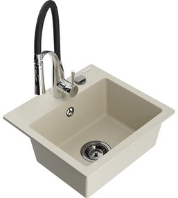 Mexen Milo, 1-komorový granitový drez 435x410x171 mm a drezová batéria Aster, béžová, 6505-69-73450-07-B