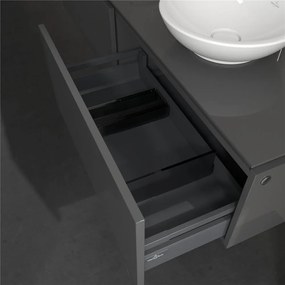 VILLEROY &amp; BOCH Legato závesná skrinka pod dve umývadlá na dosku, 2 zásuvky, s LED osvetlením, 1600 x 500 x 380 mm, Glossy Grey, B599L0FP