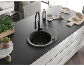 Mexen Kevin, 1-komorový granitový drez 586x458x190 mm a drezová batéria Aster, čierna-zlatá metalíza, 6517-75-73450-70-B