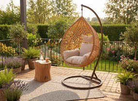 CH PRÍRODNÉ ZÁVESNÉ KRESLO, VANKÚŠ – BEŽOVÁ, RÁM – HNEDÁ 107 x 68 x 120 CM