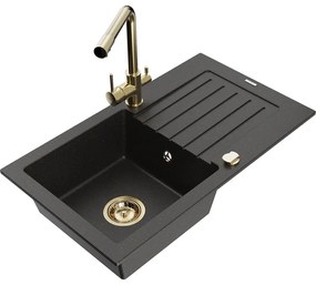 Mexen Pablo, granitový drez 752x436x161 mm, 1-komorový a zlatá batéria Duero, čierna - zlatá metalíza, 6510-75-671600-50