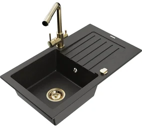 Mexen Pablo, granitový drez 752x436x161 mm, 1-komorový a zlatá batéria Duero, čierna - zlatá metalíza, 6510-75-671600-50