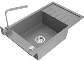 Mexen Elias, granitový drez granitový 795x480x200 mm, 1-komorový, šedá s chrómovým sifónom a šedá drezová batéria Rita, 6511-71-670300-71