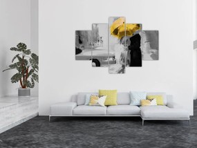 Obraz - Zamilovaný pár pod dáždnikom, žltý (150x105 cm)