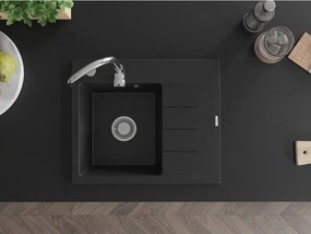 Mexen Ben, 1-komorový granitový drez 600x500x190 mm, ľavý+ chrómový sifón, čierny, 6522605000-77