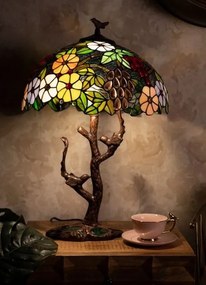 Stolová lampa Tiffany strom s kvetmi a vtáčikmi Tree flower - Ø 41*57 cm E27/max 2*60W