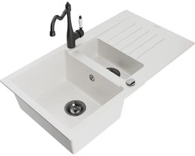 Mexen Matias, granitový drez 900x505x200 mm, 1,5-komorový a drezová batéria Carla, biela, 6502-20-670700-70