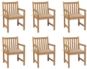 Záhradné stoličky 6 ks s béžovými podložkami tíkový masív