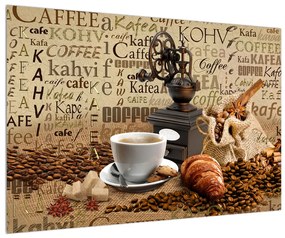 Obraz kávy, mlynčeka a croissantov (90x60 cm)