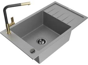 Mexen Elias, 1-komorový granitový drez 795x480x200 mm a drezová batéria Flora, šedá, 6511-71-670401-57-B