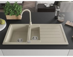 Mexen Andres 1,5-komorový granitový kuchynský drez s odkvapkávačom 100x50 cm a kuchynská batéria Telma, béžová, 6515-69-670200-69