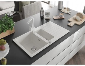 Mexen Matias, granitový drez 900x505x200 mm, 1,5-komorový a biela batéria Rita, biela, 6502-20-670300-20