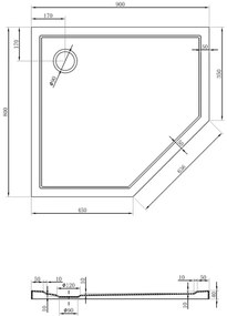 Mexen Flow, päťuholníková sprchová vanička slim ľavá 90 x 80 cm, čierna matná - 46P708090L