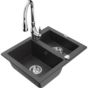 Mexen Carlos, 1,5-komorový granitový drez 582x475x177 mm a drezová batéria Savita, čierna škvrtnitá, 6518-76-672601-00