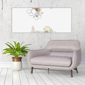 Obraz - Béžové kvety s motýľom N⁰2 (120x50 cm)