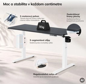 Elektrický stôl s nastaviteľnou výškou ergonomický bielo-antracitový,1400x700 mm: ARIA